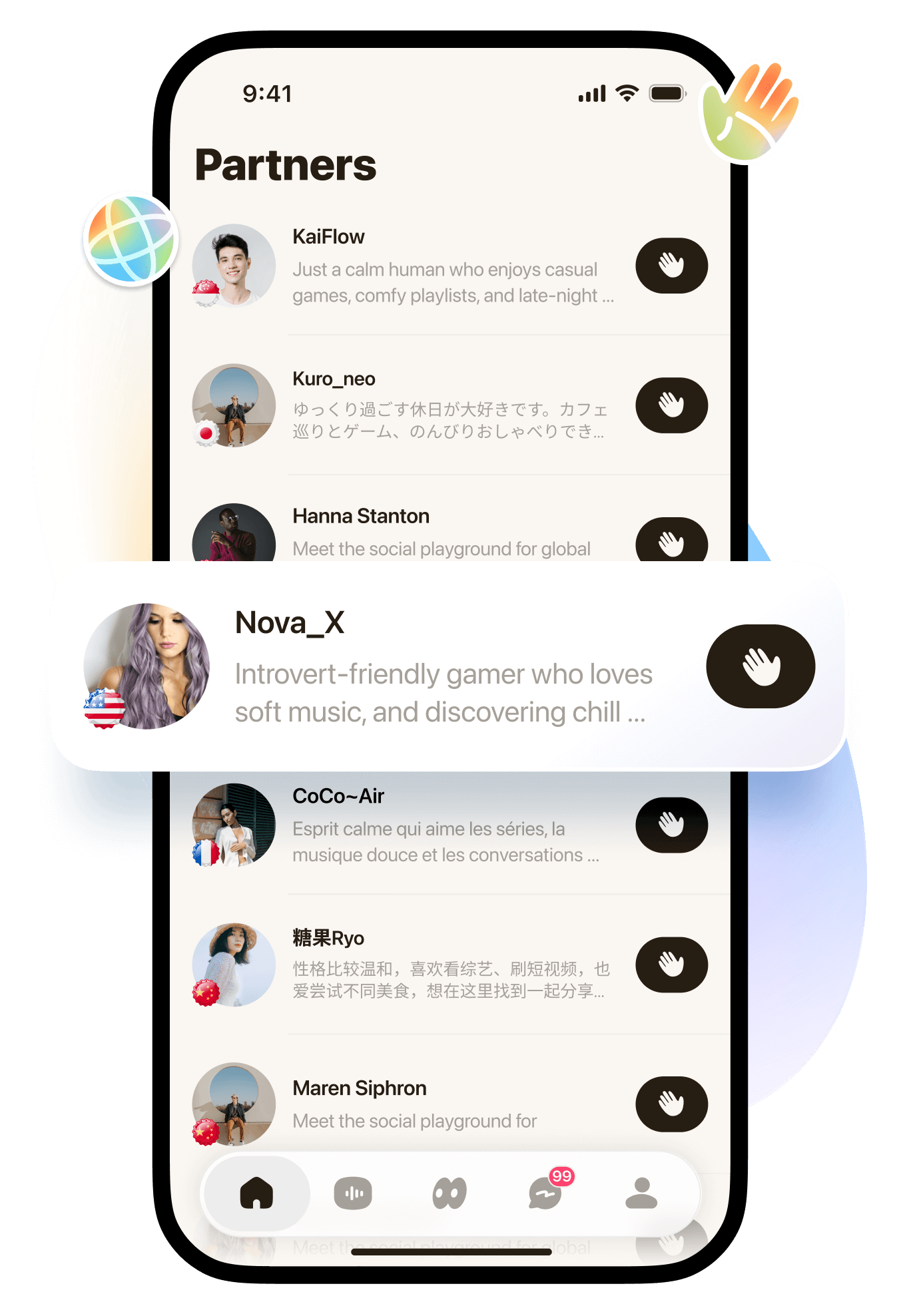 Globol App Screen: 连接全球好友 - Real-time translation and global chat features