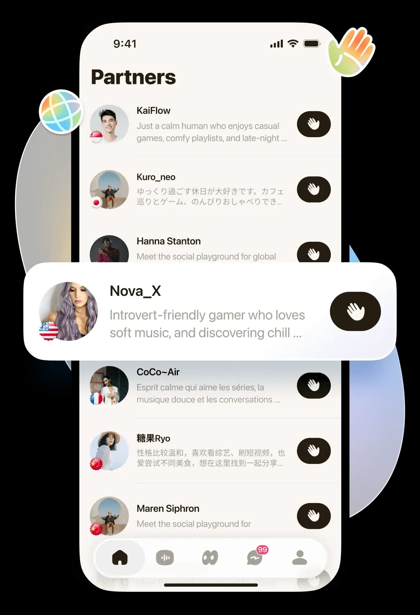 Globol App Screen: Connect Global Friends - Real-time translation and global chat features