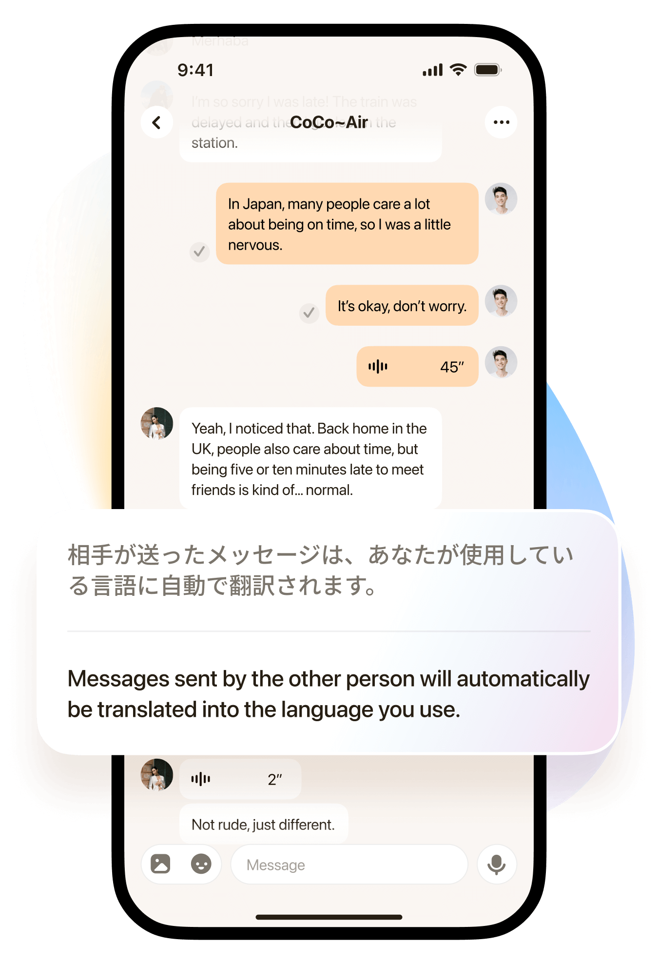 Globol App Screen: 用母语畅聊 - Real-time translation and global chat features