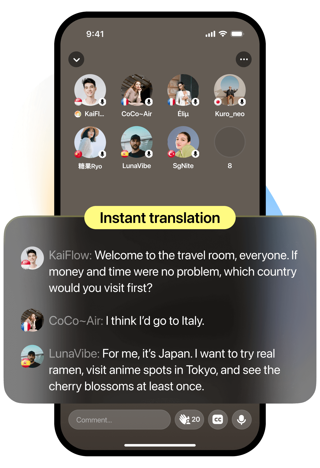 Globol App Screen: 听懂每一种声音 - Real-time translation and global chat features
